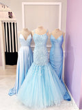 Sky Blue Wraped V Neckline Mermaid Party Dress Rhinestones Decorated Long Prom Dress ARD2544-SheerGirl