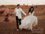 Sleeveless Lace Appliqued Deep V-Neck Soft A-line Wedding Dress with Rhinestones Sash AWD1716-SheerGirl