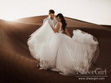 Sleeveless Lace Appliqued Deep V-Neck Soft A-line Wedding Dress with Rhinestones Sash AWD1716-SheerGirl
