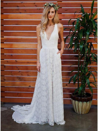 Sleeveless Simple Lace Wedding Dresses V Neck Summer Beach Wedding Dresses AWD1125-SheerGirl