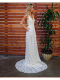 Sleeveless Simple Lace Wedding Dresses V Neck Summer Beach Wedding Dresses AWD1125-SheerGirl