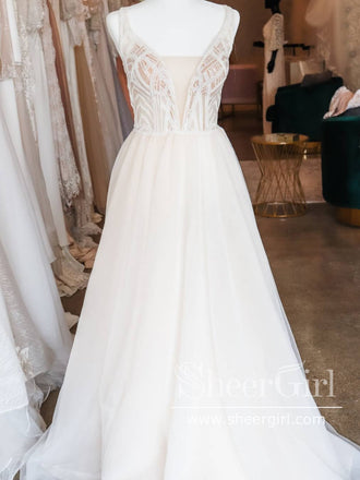 Sleeveless V-neck and Beadings Embroidery Illusion Bodice Full A-Line Wedding Dress AWD1713-SheerGirl