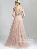 Sleeveless with Lace Beadings Bodice Plounging V Neck A Line Tulle Long Prom Dress ARD2572-SheerGirl