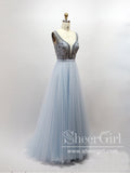 Sleeveless with Lace Beadings Bodice Plounging V Neck A Line Tulle Long Prom Dress ARD2572-SheerGirl