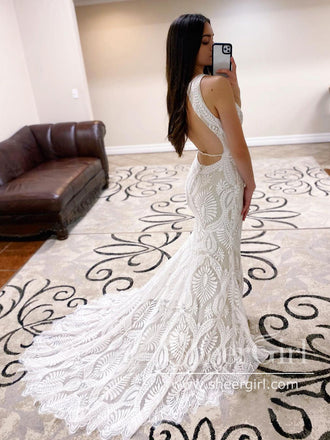 Soft Lace Sheath Wedding Dress Keyhole Back Bridal Dress with Chapel Train AWD1859-SheerGirl