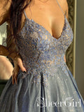 Spaghetti Beaded Straps Appliqued Bodice Formal Dress Sparkly Floor Length Prom Dress ARD2541-SheerGirl