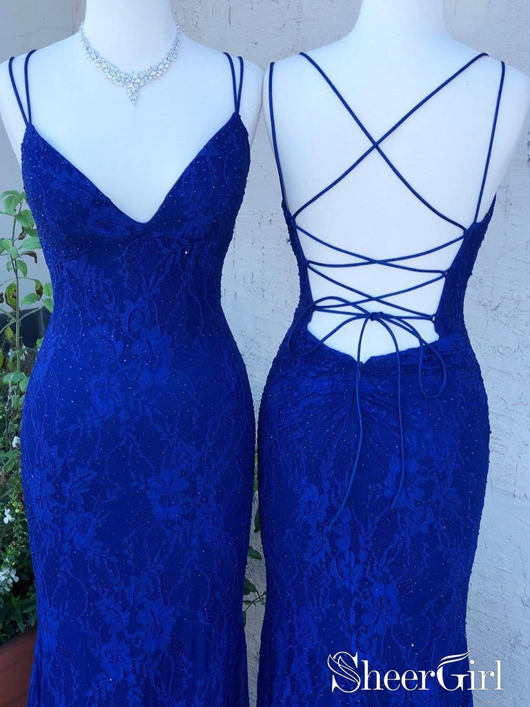 Spaghetti Crossed Straps Royal Blue Mermaid Prom Dresses V Neck Lace Formal Dresses ARD2494-SheerGirl