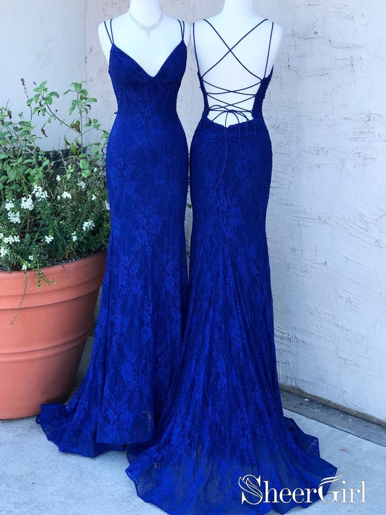 Spaghetti Crossed Straps Royal Blue Mermaid Prom Dresses V Neck Lace Formal Dresses ARD2494-SheerGirl