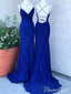 Correas cruzadas espaguetis Vestidos de fiesta de sirena azul real Vestidos formales de encaje con cuello en V ARD2494 