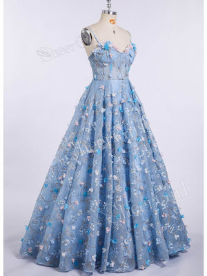 Spaghetti Strap 3D Flower Applique Sky Blue Prom Dresses Ball Gowns ARD1609-SheerGirl