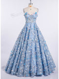 Spaghetti Strap 3D Flower Applique Sky Blue Prom Dresses Ball Gowns ARD1609-SheerGirl