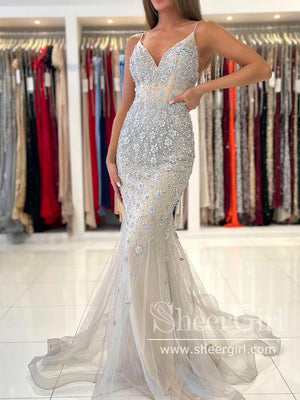Spaghetti Strap 3D Flowers Beaded Mermaid Prom Dresses Champagne Pageant Dress ARD2860-SheerGirl