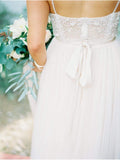 Spaghetti Strap Beaded Ivory Tulle Wedding Dresses with Train AWD1283-SheerGirl