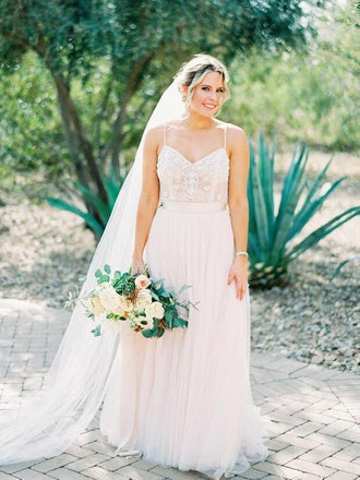 Spaghetti Strap Beaded Ivory Tulle Wedding Dresses with Train AWD1283-SheerGirl