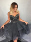 Spaghetti Strap Beaded Top Dark Grey Tulle Shiny Homecoming Dresses,apd2669
