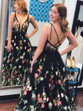 Spaghetti Strap Black Prom Dresses Floral Formal Dress ARD2193-SheerGirl