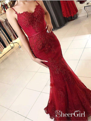 Spaghetti Strap Burgundy Lace Appliqued Mermaid Prom Dresses,APD3225-SheerGirl