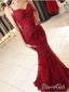 Spaghetti Strap Burgundy Lace Appliqued Mermaid Prom Dresses,APD3225