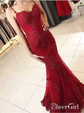 Spaghetti Strap Burgundy Lace Appliqued Mermaid Prom Dresses,APD3225-SheerGirl