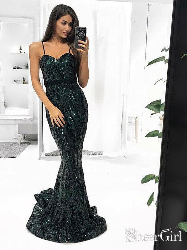Spaghetti Strap Dark Green Sequin Mermaid Prom Dresses Long ARD1871-SheerGirl
