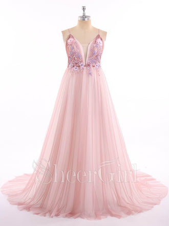 Spaghetti Strap Deep V Neck Sexy Pink Prom Dresses with Train ARD1818-SheerGirl