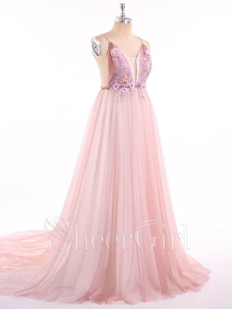 Spaghetti Strap Deep V Neck Sexy Pink Prom Dresses with Train ARD1818-SheerGirl