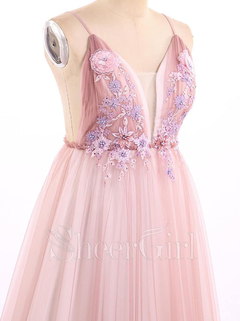 Spaghetti Strap Deep V Neck Sexy Pink Prom Dresses with Train ARD1818-SheerGirl