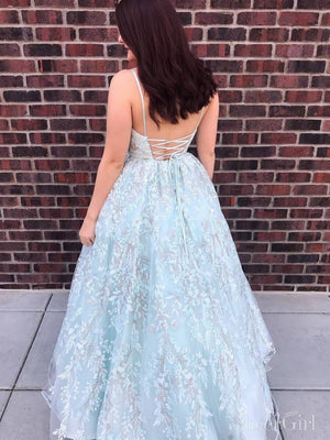 Spaghetti Strap Floral Prom Dresses Neck Beaded Lace Prom Dress ARD1972-SheerGirl