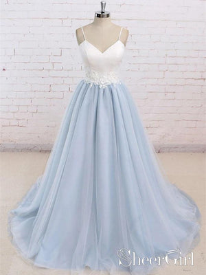 Spaghetti Strap Ivory Top Sky Blue Bottom Skirt Wedding Dress with Florals AWD1696-SheerGirl