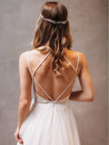 Spaghetti Strap Ivory Tulle Beach Wedding Dresses Rhinestone Backless Bridal Dress AWD1271-SheerGirl