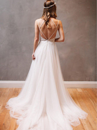Spaghetti Strap Ivory Tulle Beach Wedding Dresses Rhinestone Backless Bridal Dress AWD1271-SheerGirl