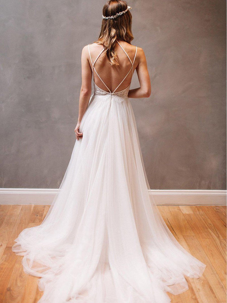 Spaghetti Strap Ivory Tulle Beach Wedding Dresses Rhinestone Backless  Bridal Dress – SheerGirl
