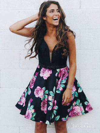 Spaghetti Strap Knee Length Plus Size Black Floral Homecoming Dresses ARD1602-SheerGirl