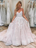 Spaghetti Strap Lace Applique Ball Gown Wedding Dresses with Train AWD1332-SheerGirl