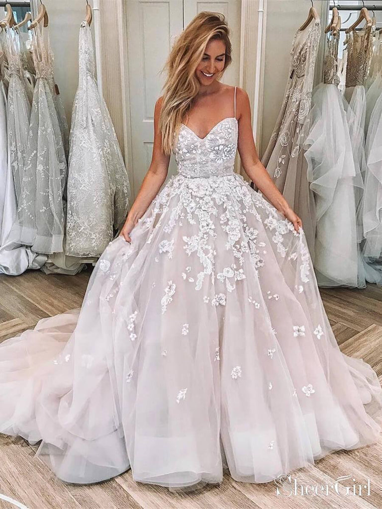 Spaghetti Strap Lace Applique Ball Gown Wedding Dresses with Train AWD1332-SheerGirl