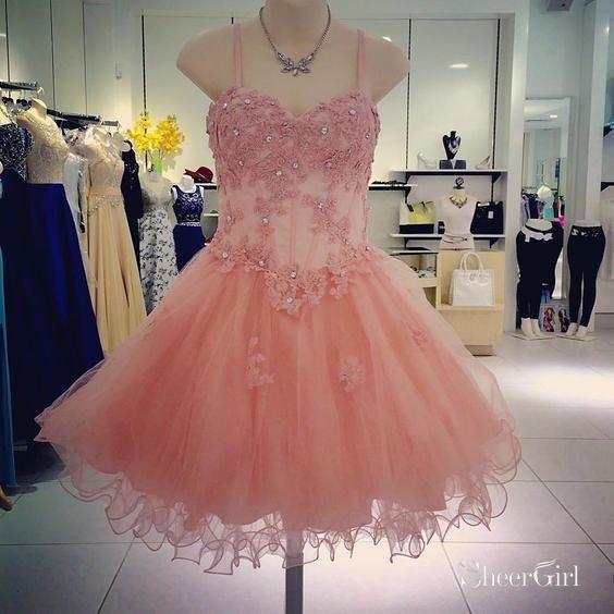Spaghetti Strap Lace Applique Pink Mini Organza Homecoming Dresses ARD1692-SheerGirl