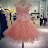 Spaghetti Strap Lace Applique Pink Mini Organza Homecoming Dresses ARD1692-SheerGirl