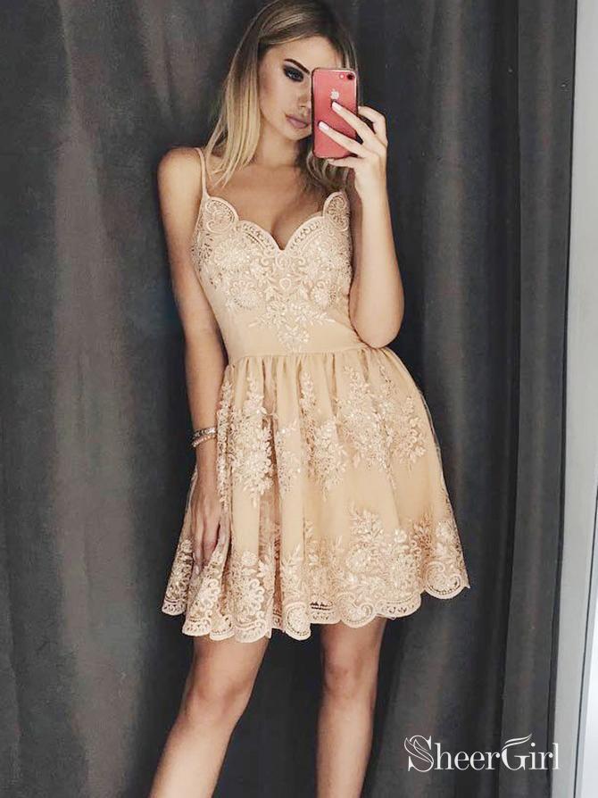 Spaghetti Strap Lace Appliqued Homecoming Dresses Golden Vintage Hoco Dress ARD1589-SheerGirl