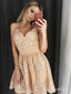 Spaghetti Strap Lace Appliqued Homecoming Dresses Golden Vintage Hoco Dress ARD1589