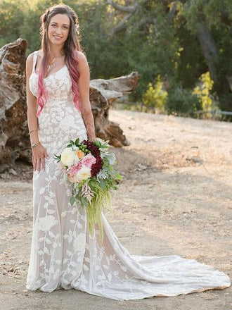 Spaghetti Strap Lace Appliqued Ivory Mermaid Rustic Country Wedding Dresses AWD1209-SheerGirl