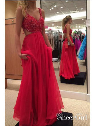 Spaghetti Strap Lace Bodice Red Chiffon Prom Dresses Formal Dress APD1722-SheerGirl