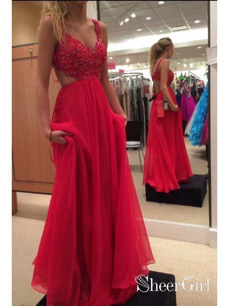 Spaghetti Strap Lace Bodice Red Chiffon Prom Dresses Formal Dress APD1722-SheerGirl