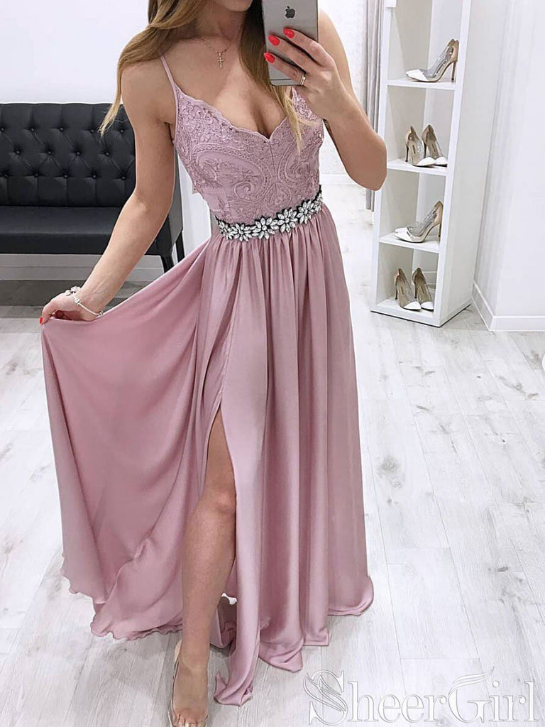 Spaghetti Strap Lace Prom Dresses V-neck Rhinestone Formal Dress With Slit ARD2425-SheerGirl