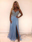 Spaghetti Strap Light Blue V Neck Beaded Prom Dresses with Slit Pageant Dress APD3423