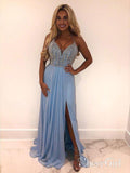 Spaghetti Strap Light Blue V Neck Beaded Prom Dresses with Slit Pageant Dress APD3423-SheerGirl