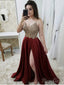 Spaghetti Strap Maroon Long Prom Dresses with Slit and Gold Lace Bodice ARD2077