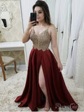 Spaghetti Strap Maroon Long Prom Dresses with Slit and Gold Lace Bodice ARD2077-SheerGirl