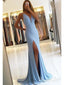 Spaghetti Strap Mermaid Prom Dresses High Slit Sky Blue Backless Formal Dresses ARD1016