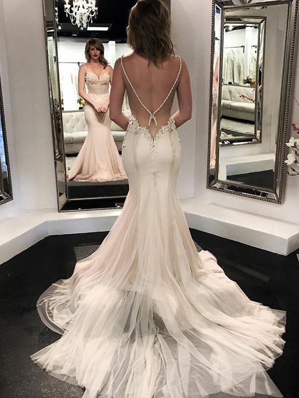 Spaghetti Strap Mermaid Wedding Dresses Sexy Backless Beaded Wedding Dress AWD1250 Spaghetti Strap Mermaid Wedding Dresses Sexy Backless Beaded Wedding Dress AWD1250