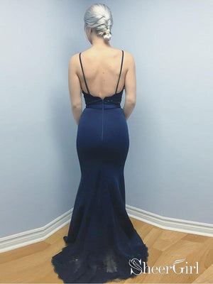 Spaghetti Strap Navy Blue Mermaid Prom Dresses Backless Evening Dress APD3312-SheerGirl